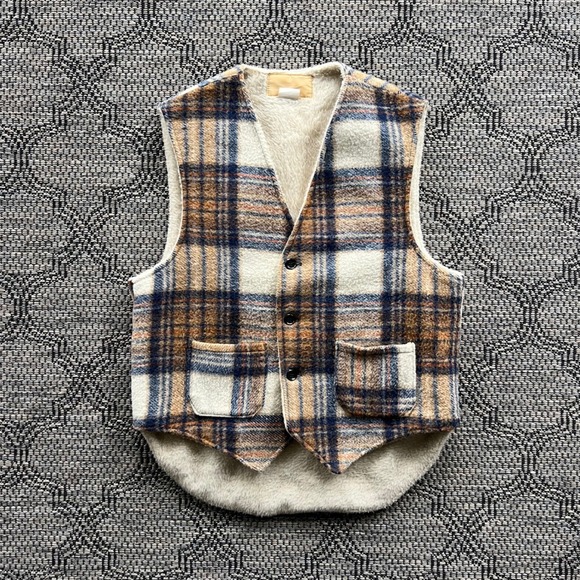 Unbranded Other - Vintage Vest Mens Large Brown Blue Wool Blend Plaid Sherpa Lined Workwear‎ Cabin